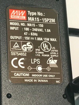 MEANWELL MA15-15P2M MAINS ADAPTOR PSU INPUT 100-240VAC OUTPUT 15V 1A ac1c3
