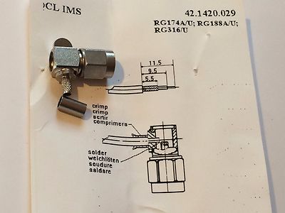 SMA RIGHT ANGLE MALE PLUG FOR RG174 188 RS 112-2735 BY IMS ae1y25