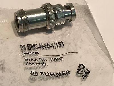 SUHNER PREMIUM N TYPE FEMALE TO BNC MALE RF ADAPTER 33-BNC-N-50-1/133 ae1v9