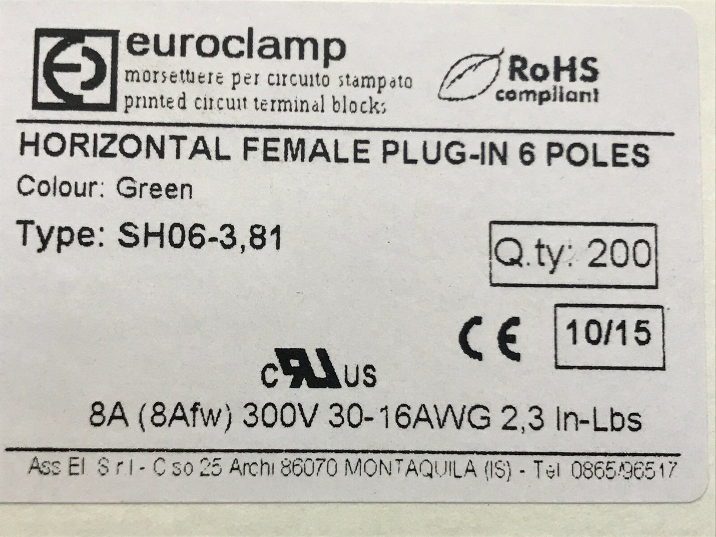 6 WAY PCB FEMALE CONNECTOR 3.81.mm PITCH EUROCLAMP SH06-3,81 ad1P51A