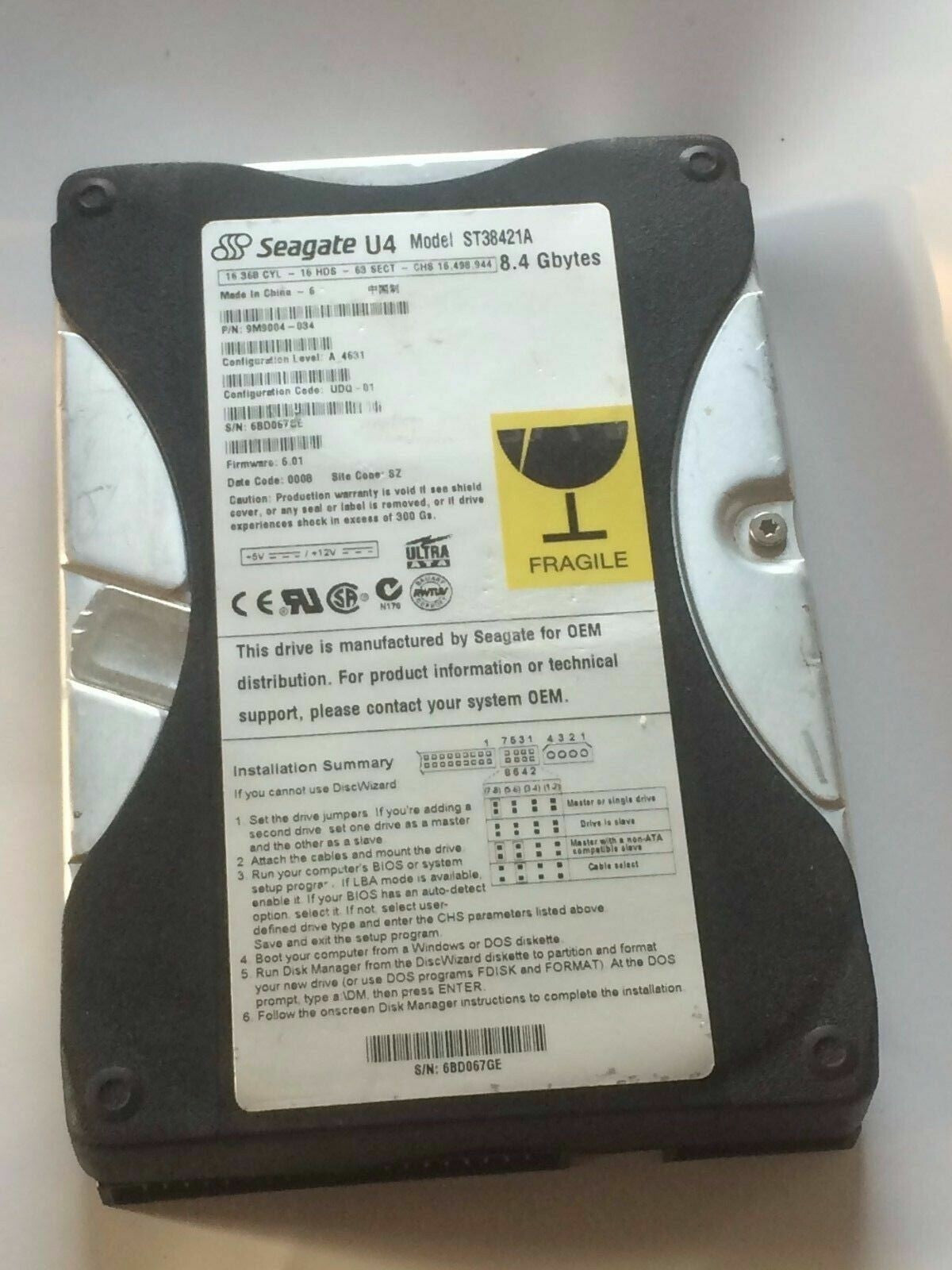 SEAGATE ST38421A 9M9004-034 FIRMWARE 6.01 IDE HARD DRIVE 8.4GB aa4bd1h