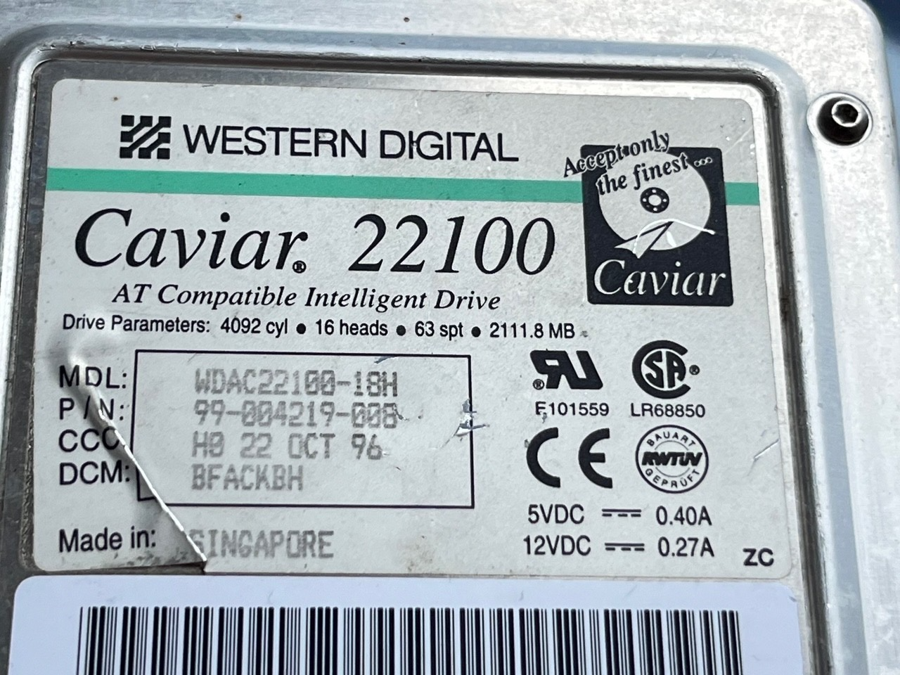 WESTERN DIGITAL CAVIAR 22100 WDAC22100-18H 2.1GB 99-004219 IDE HARD DISC FD2B5
