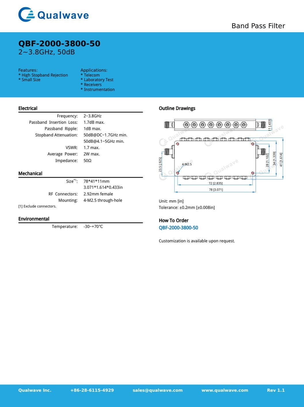 QUALWAVE 2GHZ - 3.8GHZ 2W BAND PASS FILTER 2.92MM CONNECTORS AE1W89