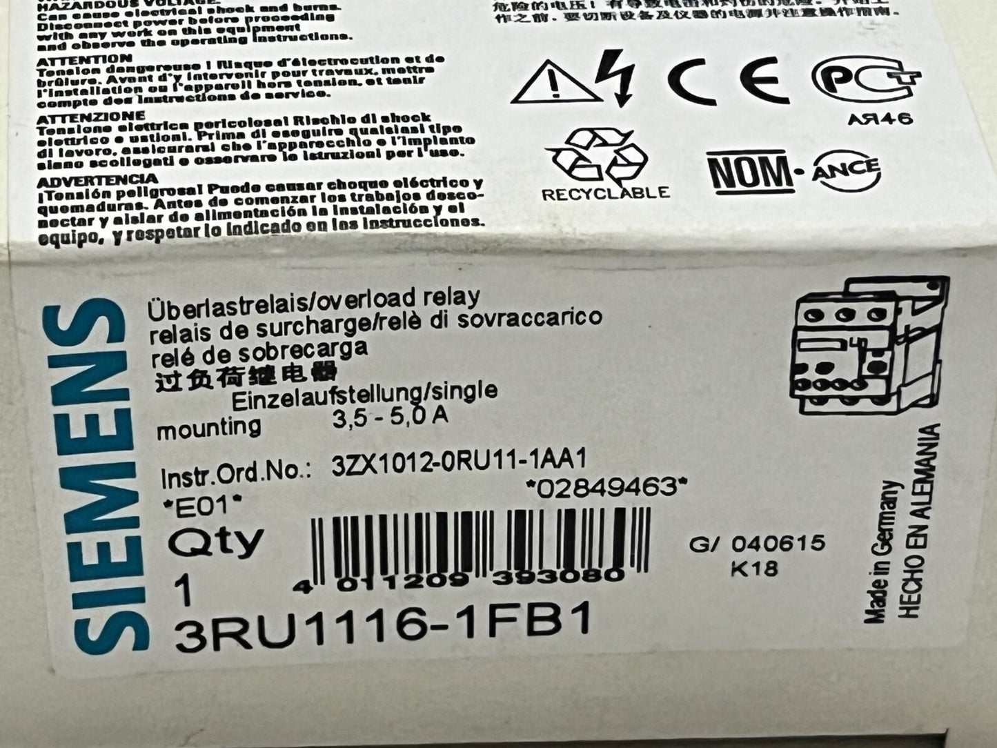 SIEMENS 3ZX1012-0RU11-1AA1, 3RU1116-1FB1 THERMAL OVER LOAD RELAY AE1y3