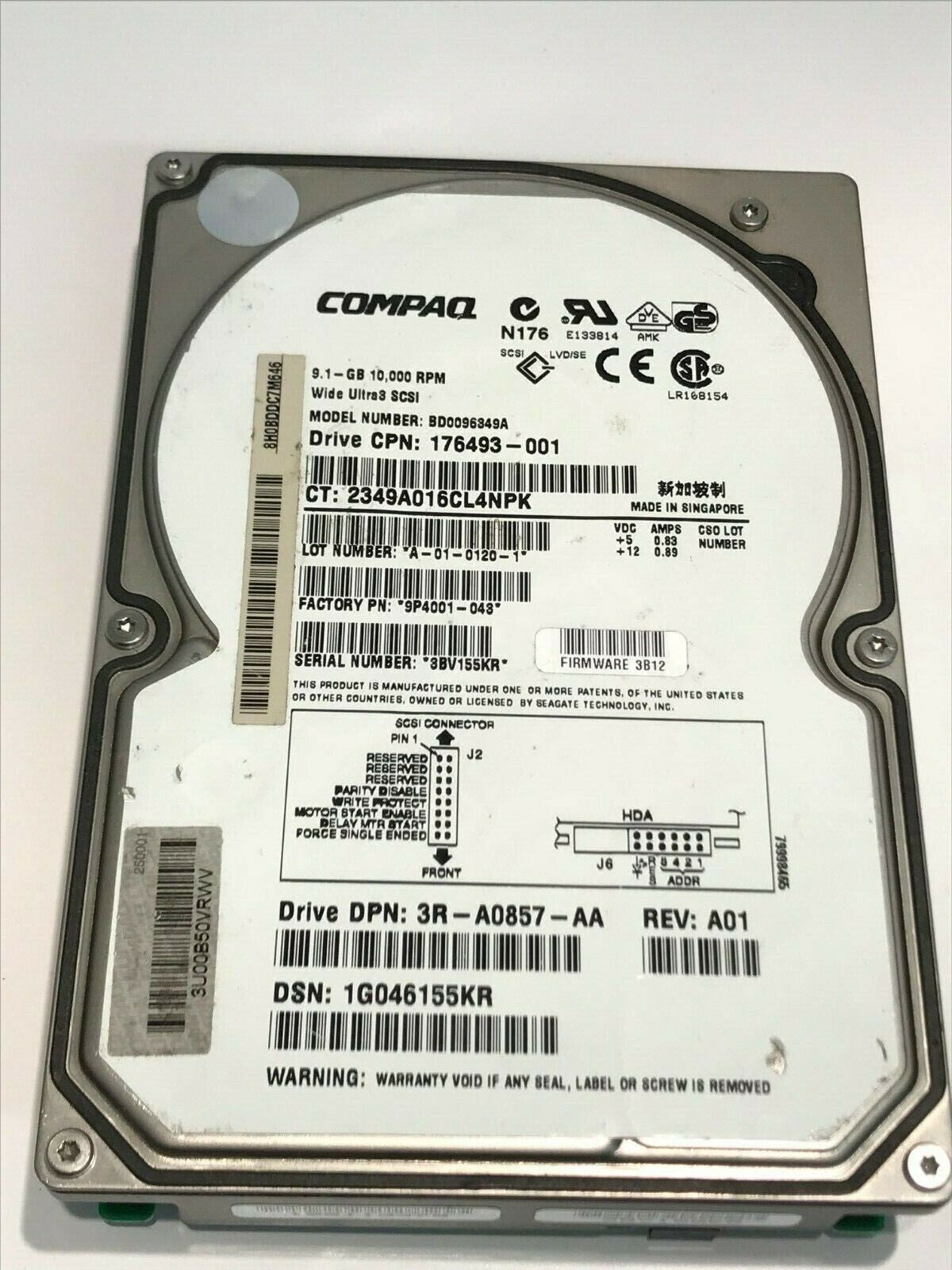COMPAQ BD0096349A 9P4001-043 3B12 9.1GB SCSI 3 ULTRA HARD DRIVE aa5ib2
