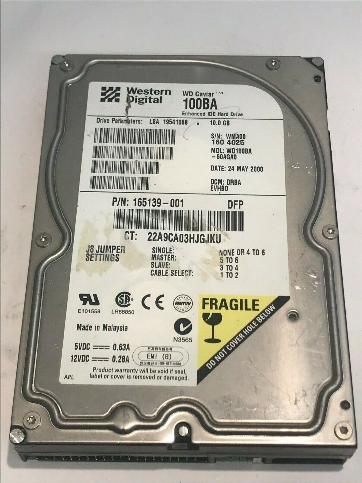 WESTERN DIGITAL CAVIAR 100BA 10GB IDE HARD DRIVE WD100BA-60AGA0 DRBAEVHBO aa5fc4