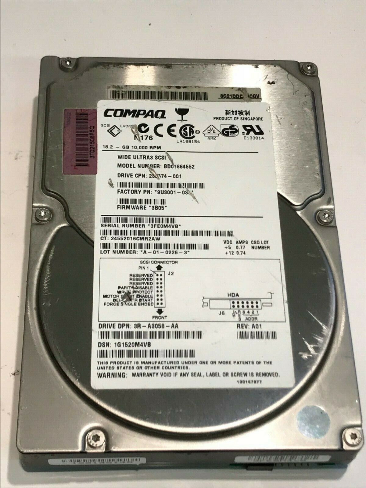 COMPAQ BD01864552 18.2GB SCSI 3 HARD DRIVE 232574-001 3B05 9U3001-030 aa5gc1B