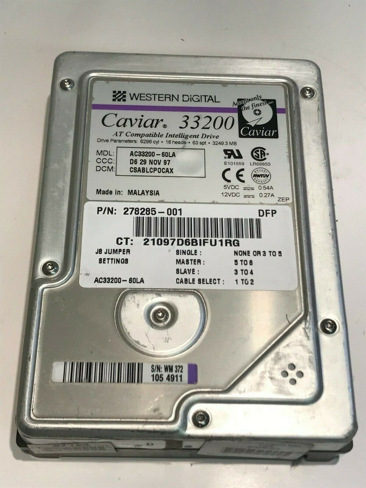 WESTERN DIGITAL CAVIAR 33200 3.2GB IDE HARD DRIVE AC33200-60LA CSABLCPOCA aa5fa4