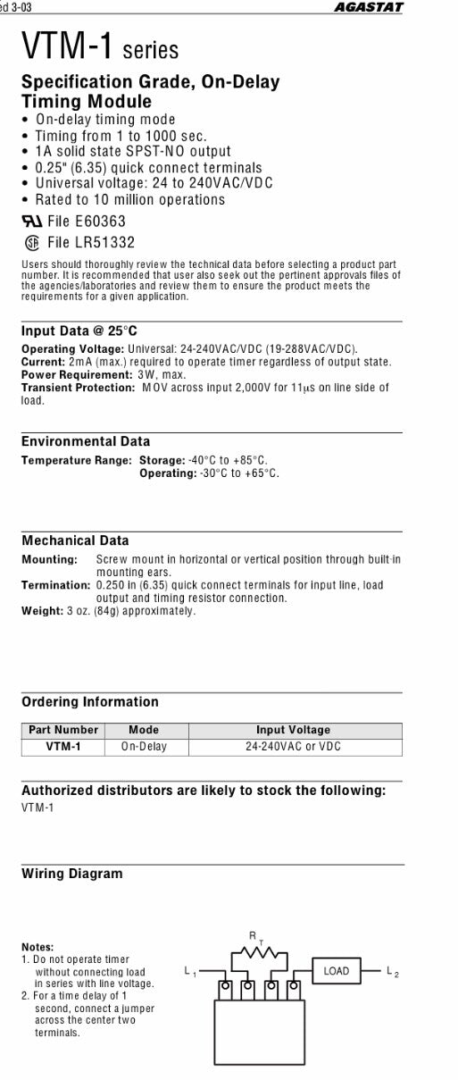 AGASTAT VTM SOLID STATE TIMING MODULE 1 - 1000 SECONDS ad2G8