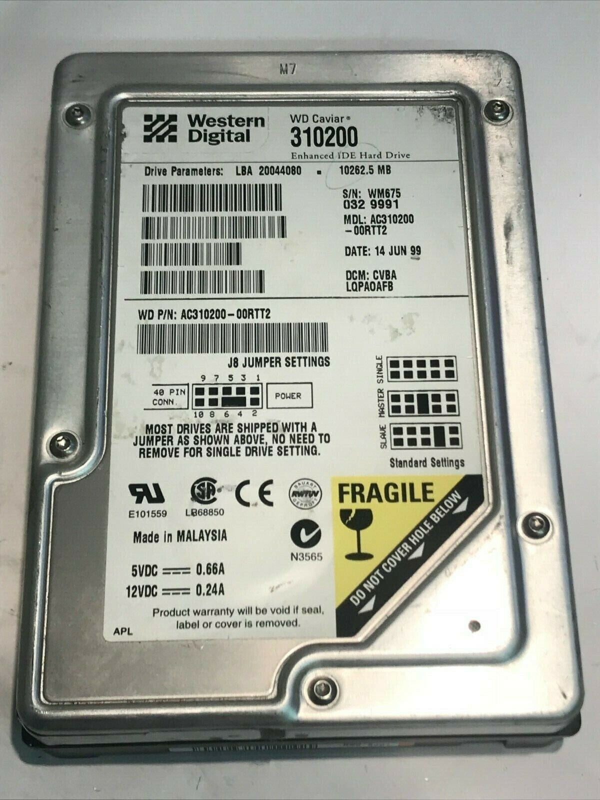 WESTERN DIGITAL 310200 10.2GB IDE HARD DRIVE AC310200-00RTT2 CVBALQPAOAF aa5fb9