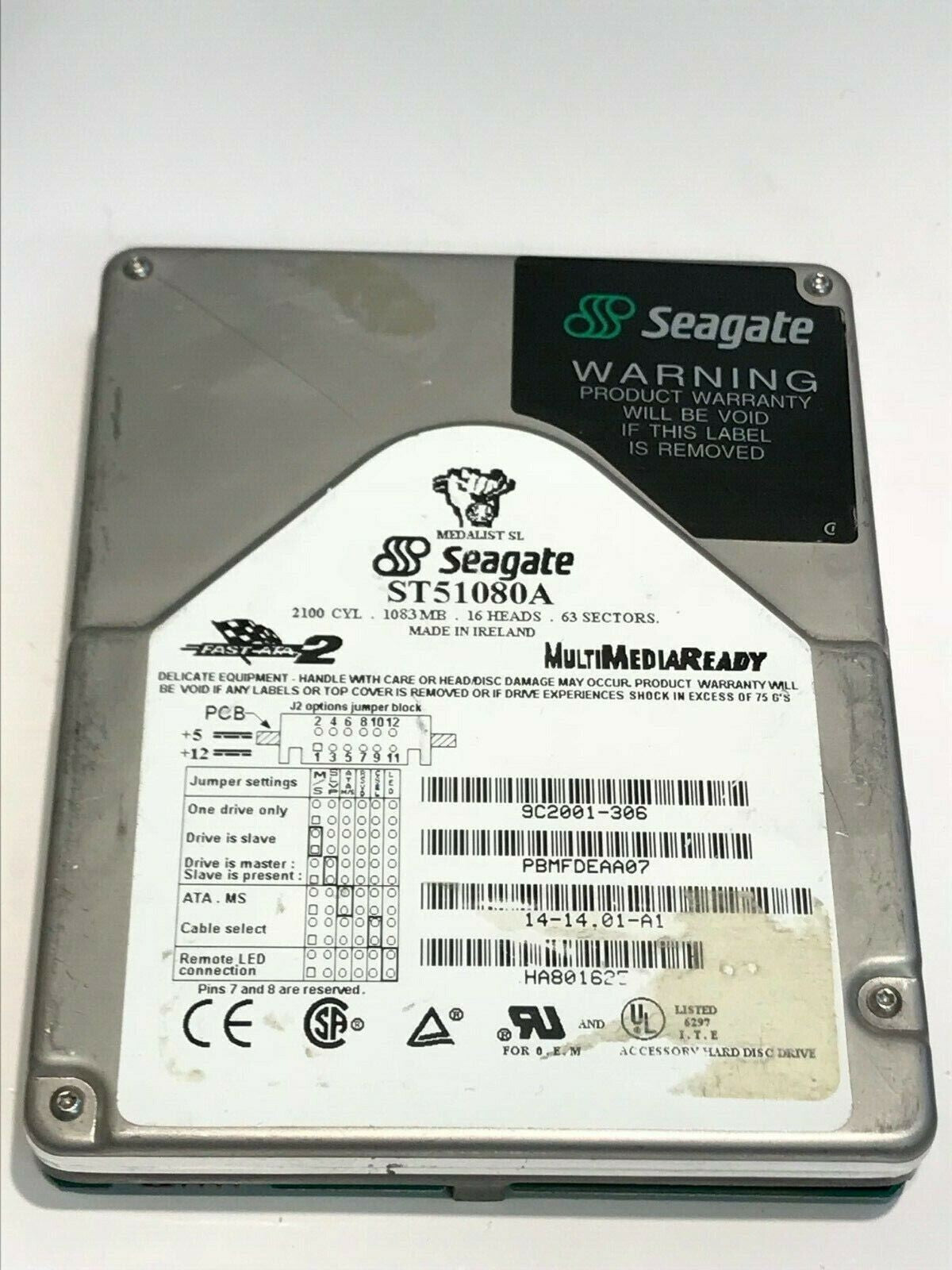 SEAGATE ST51080A 1GB IDE HARD DRIVE 9C2001-306 14-14.01-A1 PBMFDEAA07 aa5gd8