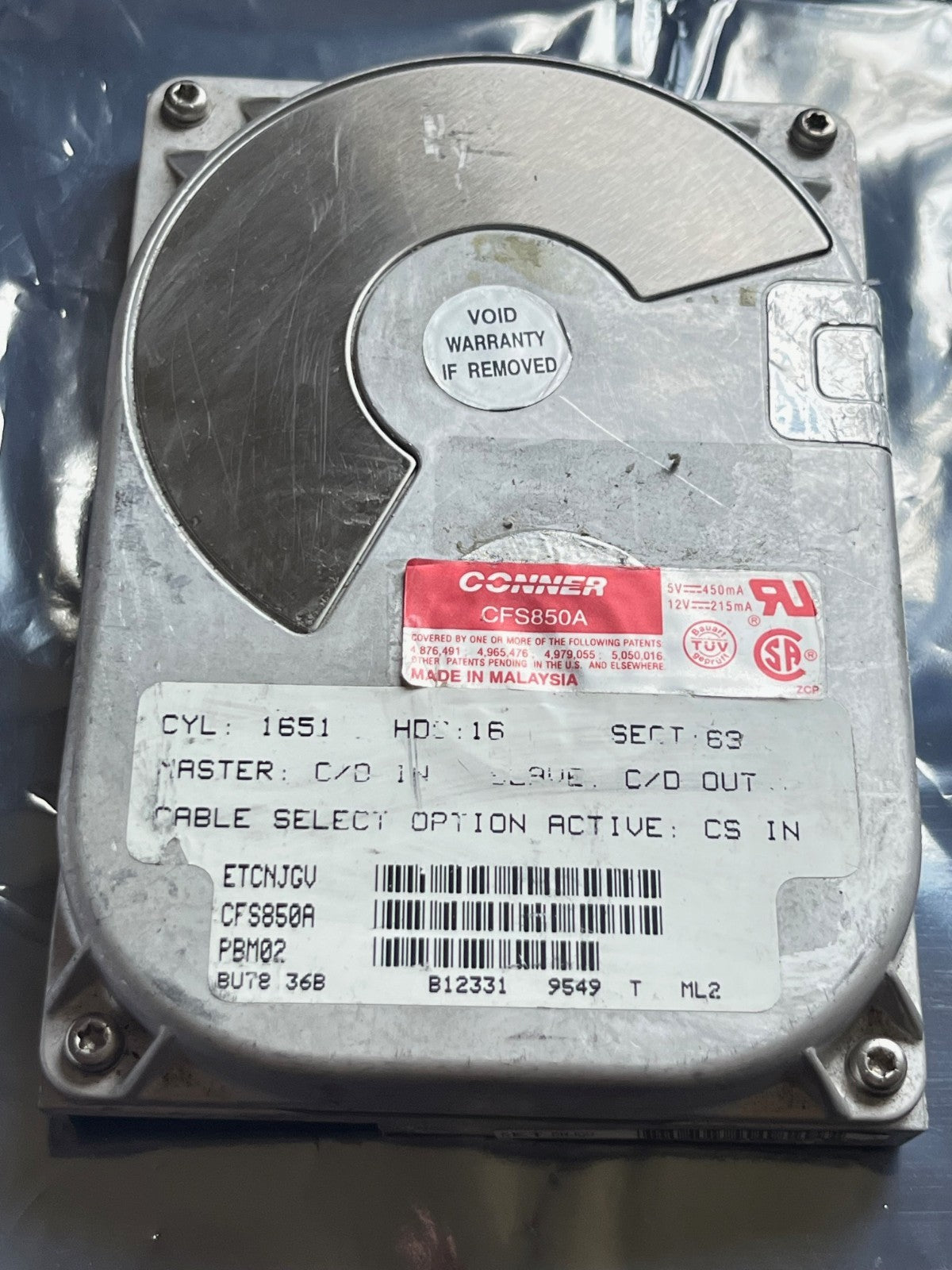 CONNER CFS850A IDE HARD DRIVE 850MB PBM02 ETCNJGV FD2B3