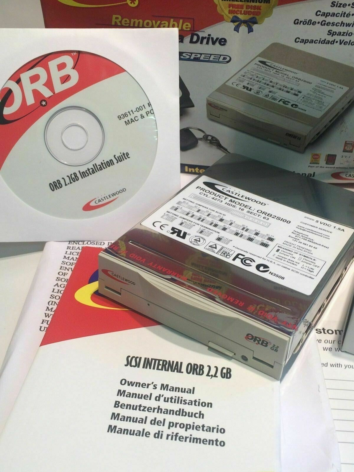 ORB CASTLEWOOD 2.2GB REMOVABLE MEDIA ULTRA SCSI BACKUP KIT NEW ac2c4