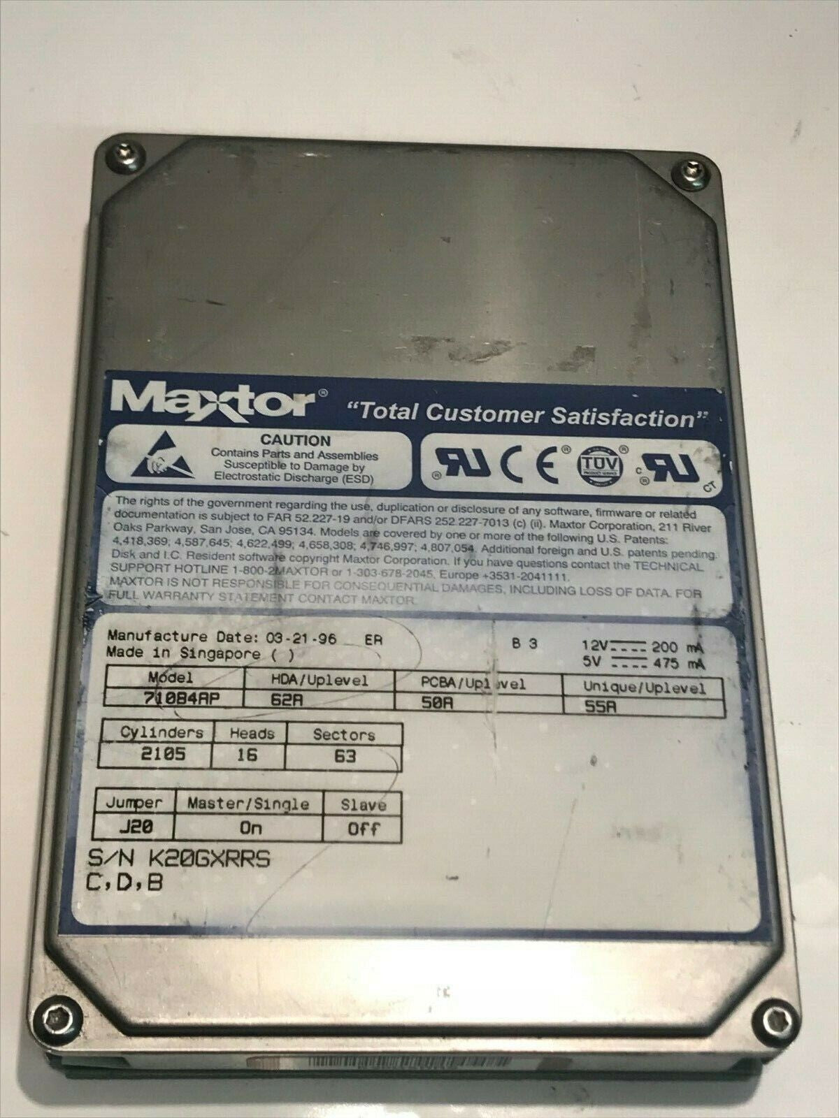 MAXTOR 71084AP 62A 50A 55A 1GB IDE HARD DRIVE aa5he6
