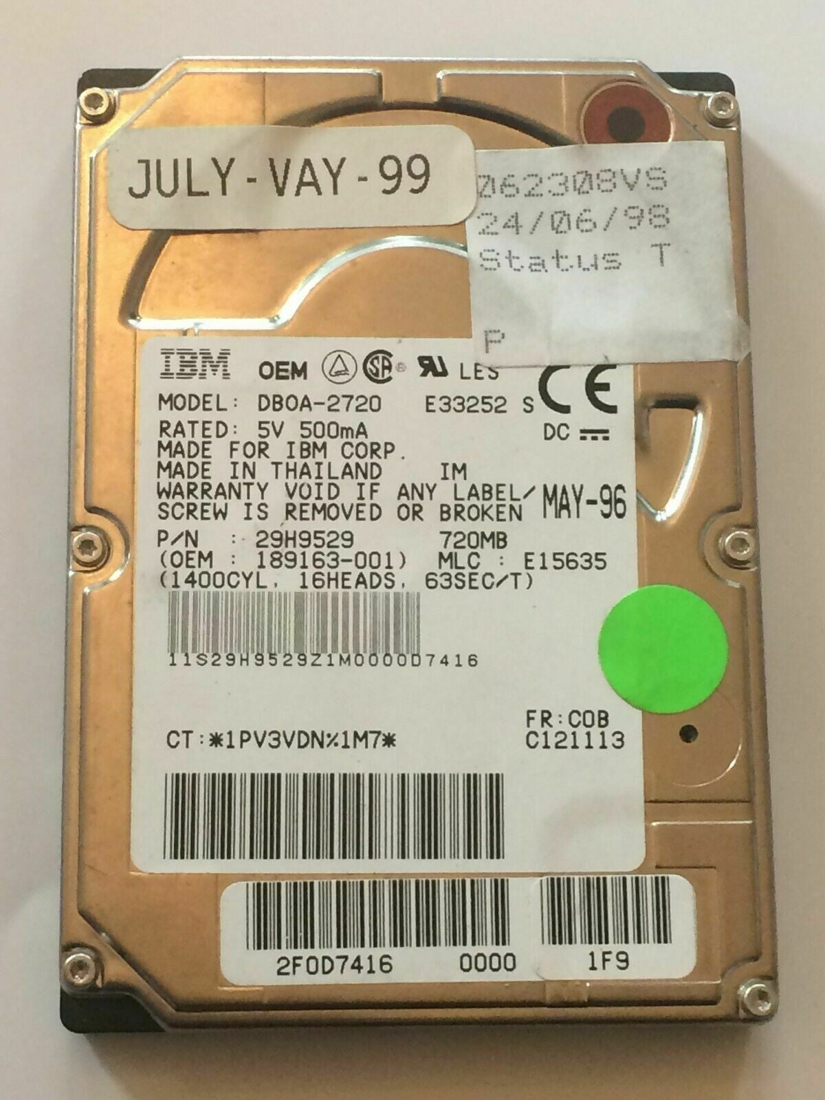 IBM DBOA-2720 2.5 INCH 12MM 720MB 29H9529 HARD DISC DRIVE fbc1f16