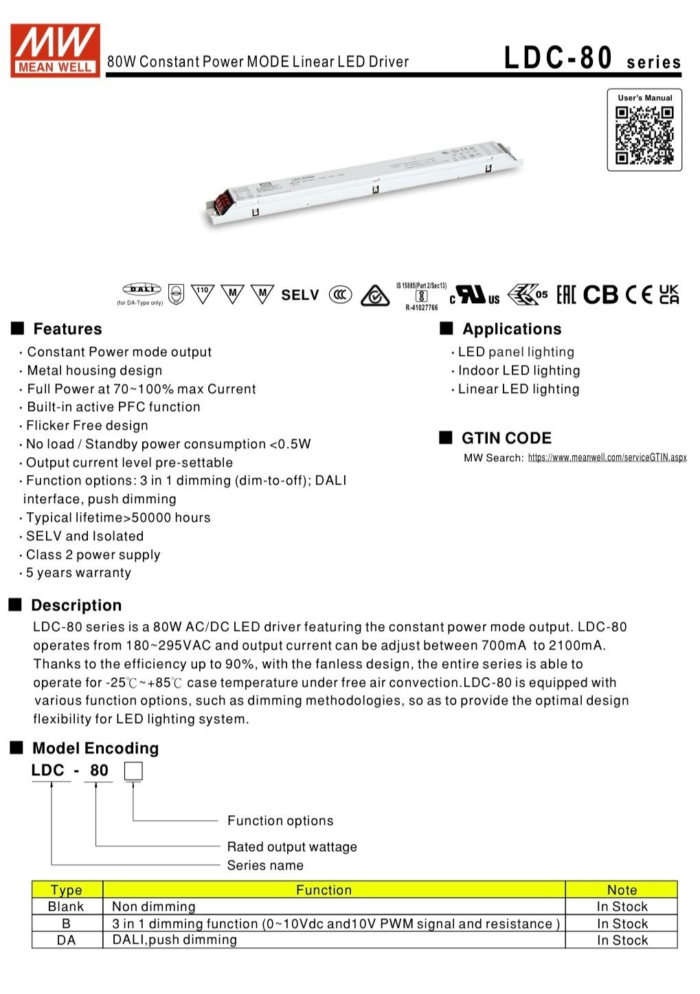 MEAN WELL LDC-80DA 80W CONSTANT POWER DIMMABLE LED DRIVER 700mA - 2.1A fd****