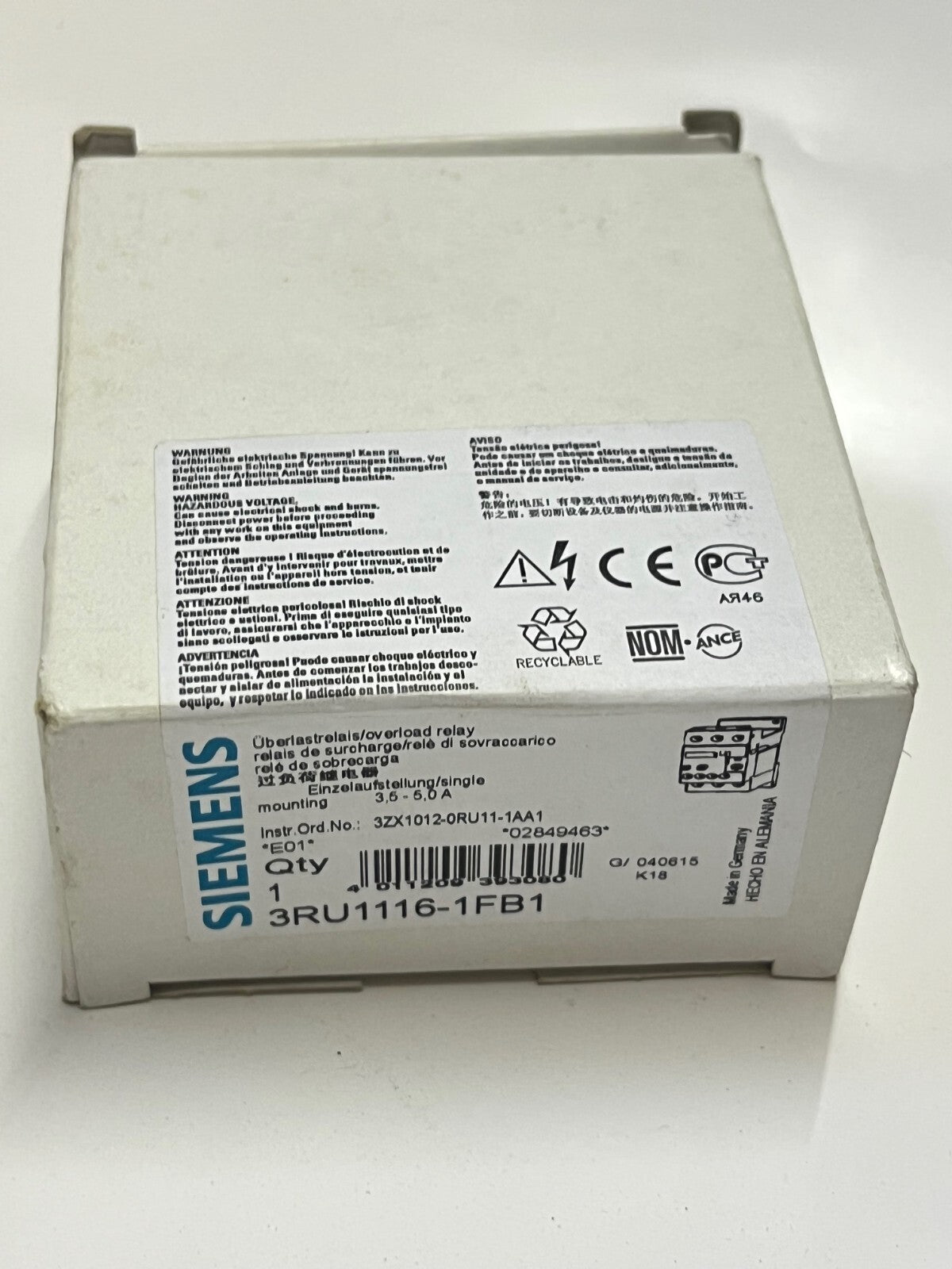 SIEMENS 3ZX1012-0RU11-1AA1, 3RU1116-1FB1 THERMAL OVER LOAD RELAY AE1y3