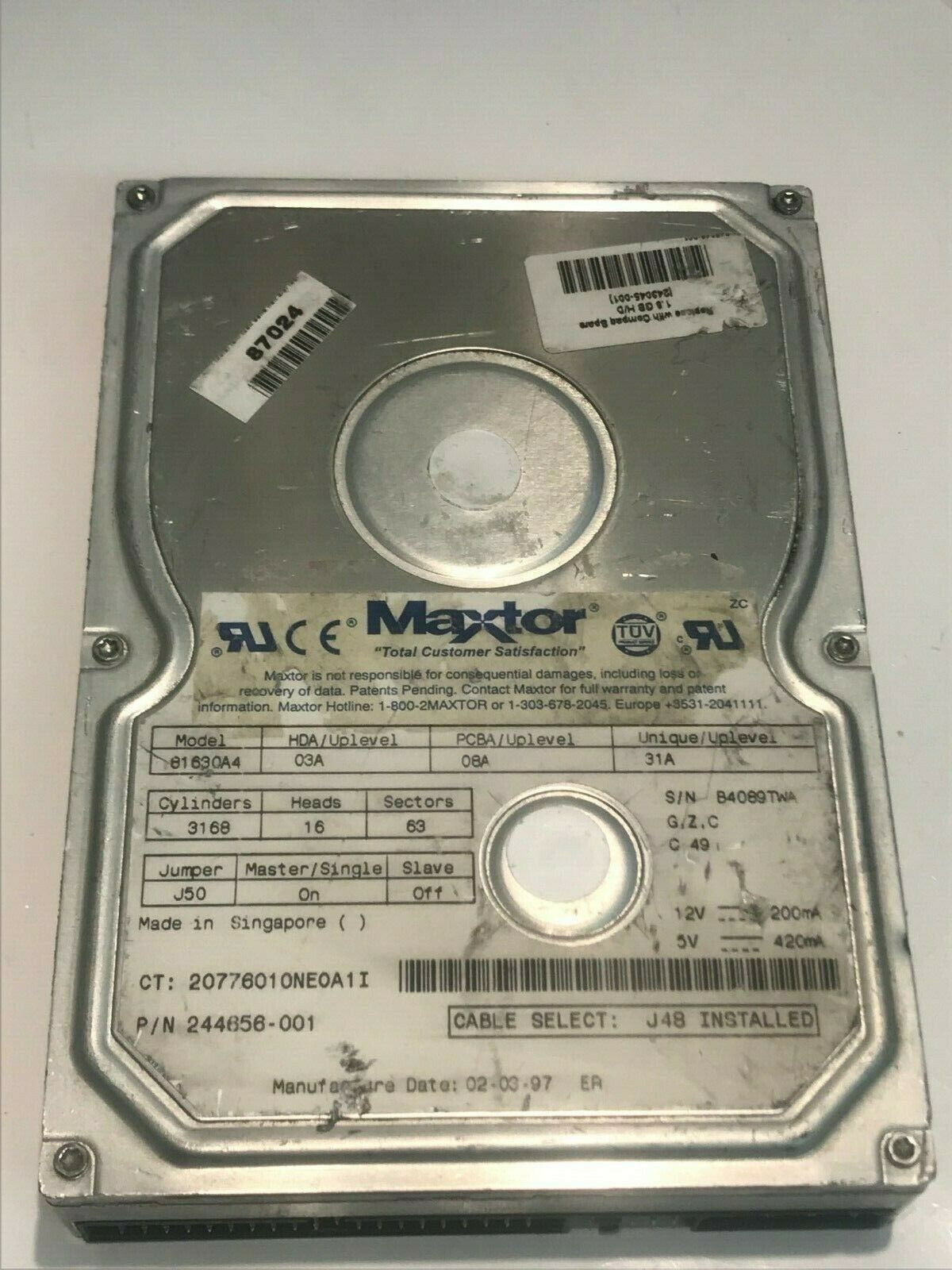 MAXTOR 81630A4 03A 08A 31A 1.6GB IDE HARD DRIVE 244656-001 aa5hd8