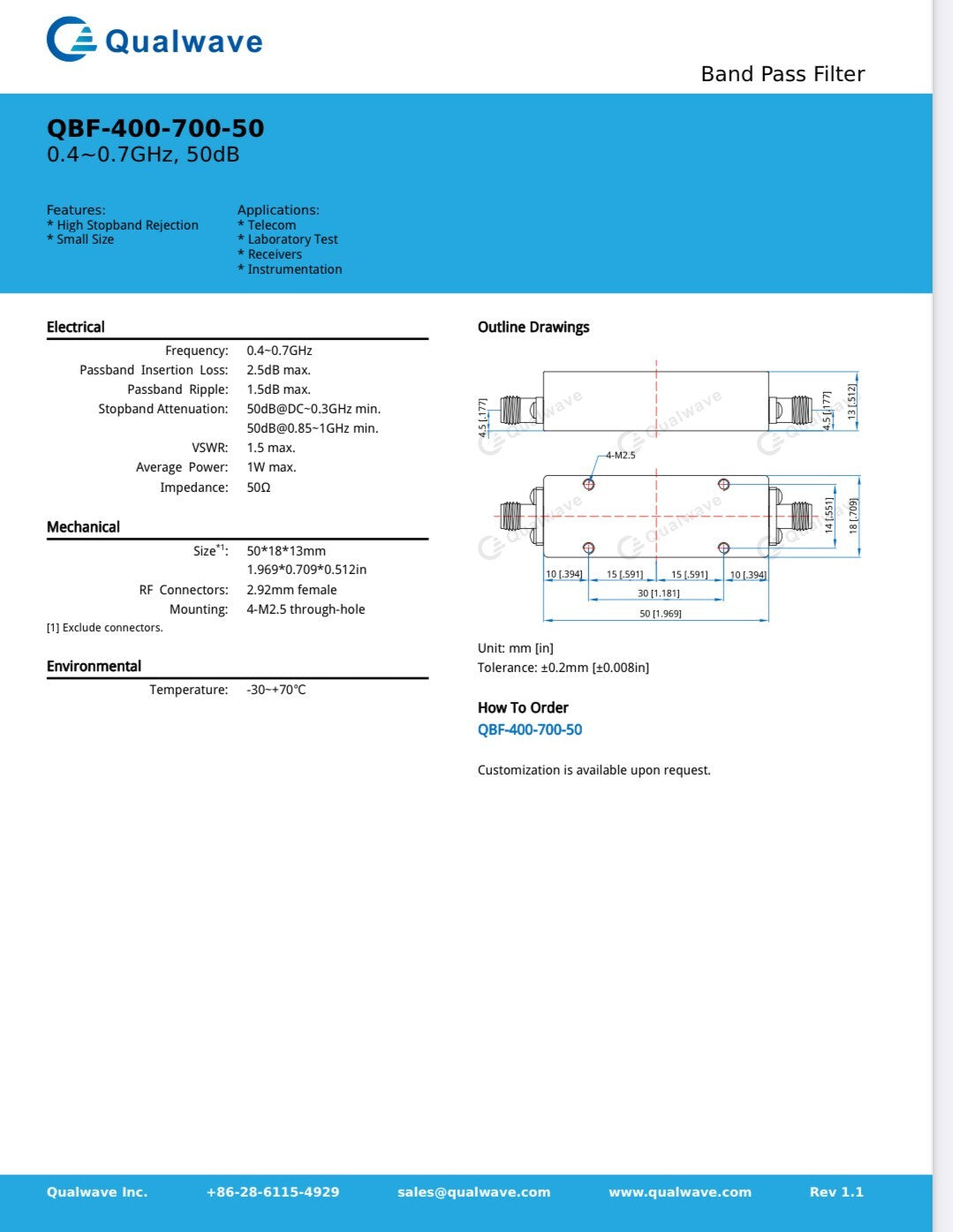 QUALWAVE 400MHZ - 700MHZ 1W BAND PASS FILTER 2.92MM CONNECTORS AE1W87