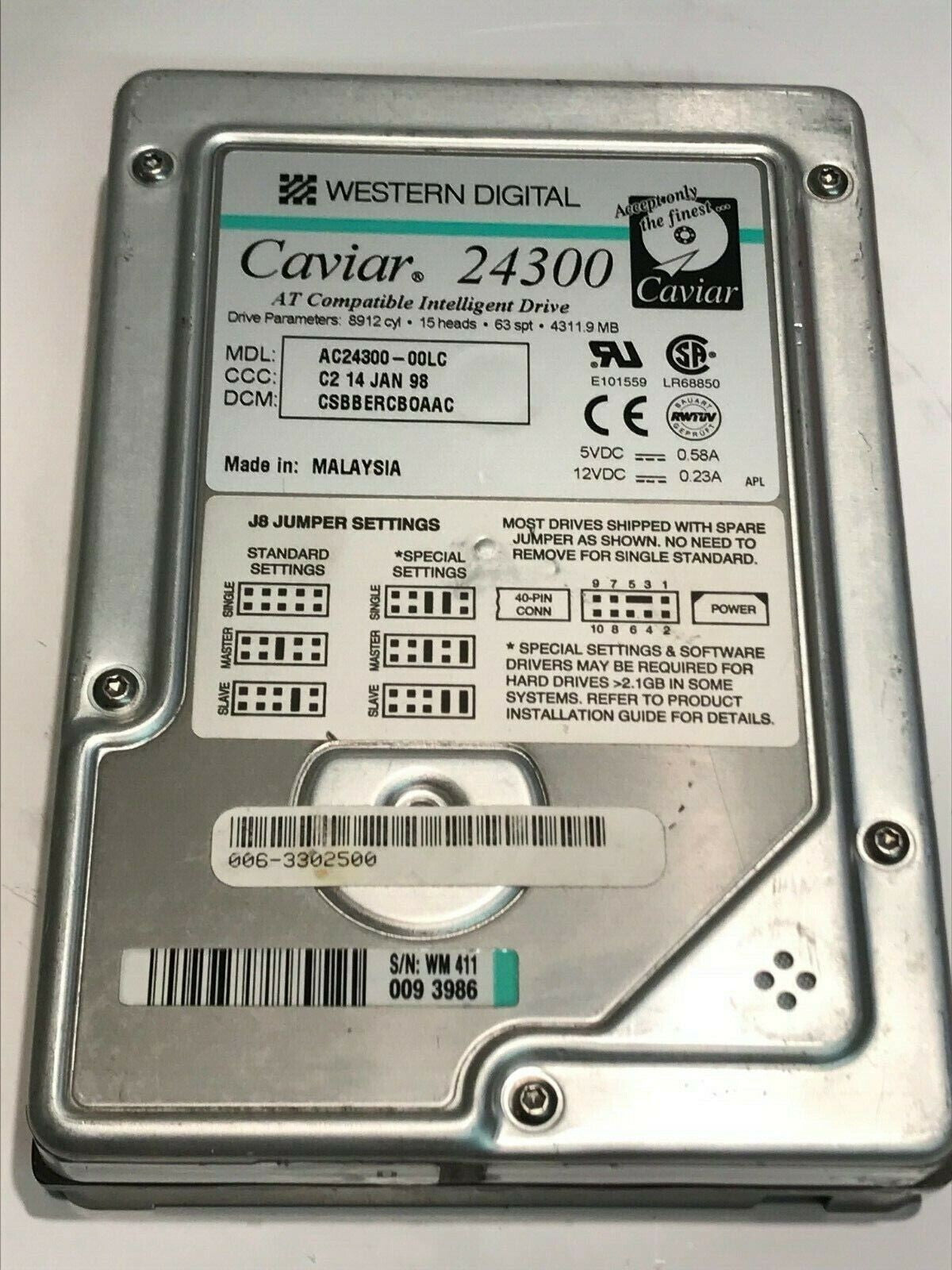 WESTERN DIGITAL CAVIAR 24300 4.3GB IDE HARD DRIVE AC24300-00LC CSBBERCBO aa5fb6
