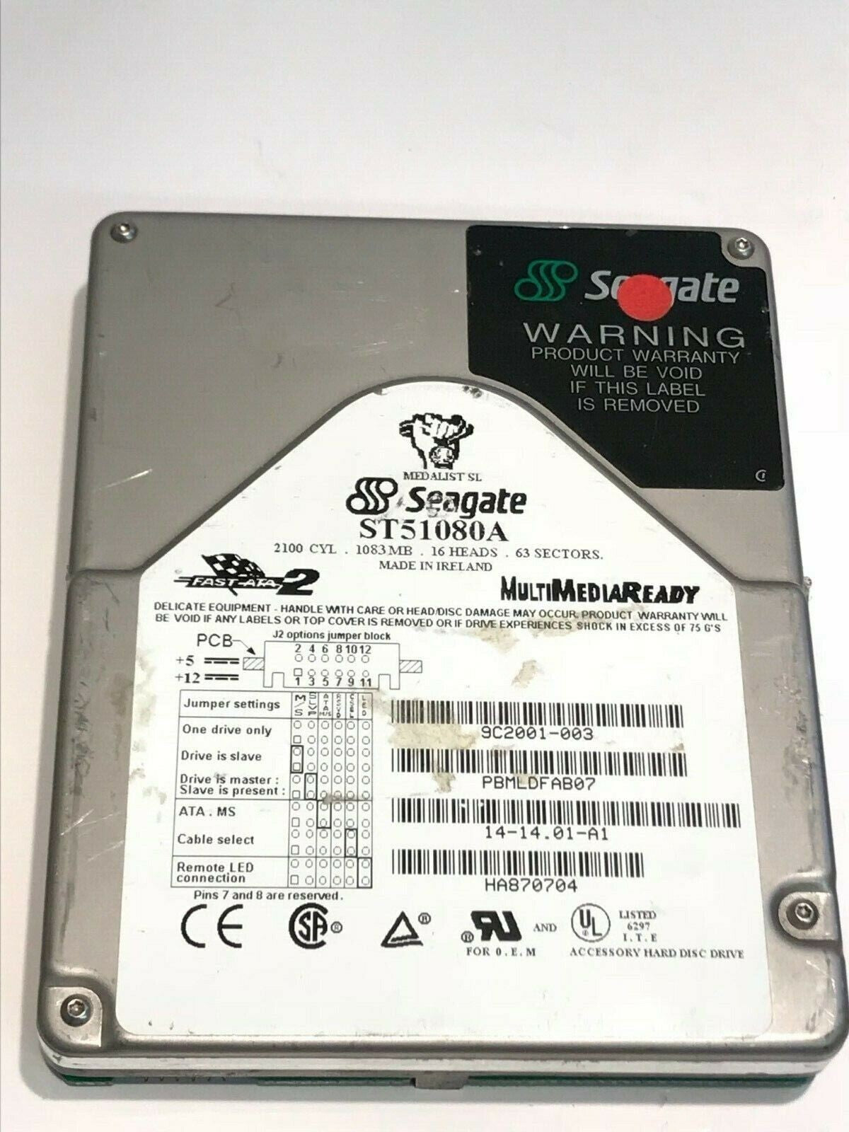 SEAGATE ST51080A 1GB IDE HARD DRIVE 9C2001-003 14-14.01-A1 PBMLDFAB07 aa5gd11