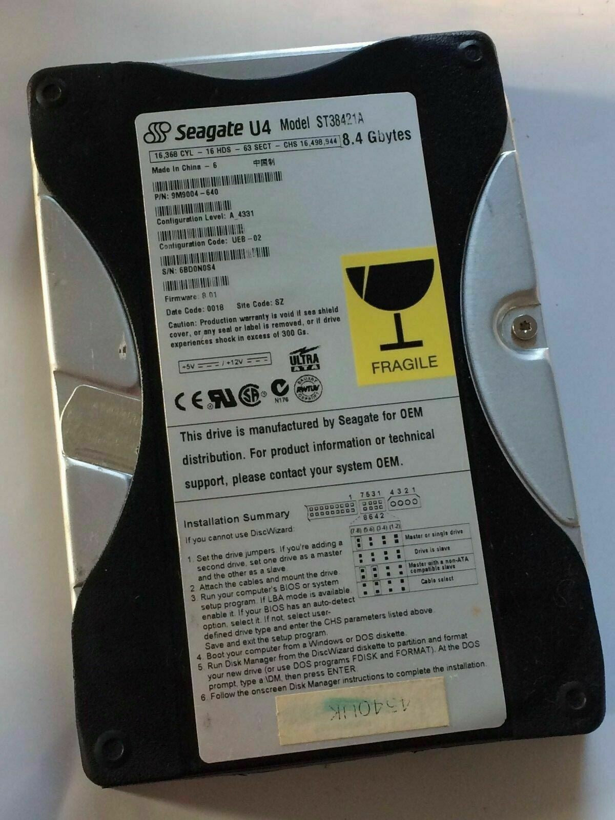 SEAGATE ST38421A 9M9004-640 FIRMWARE 8.01 IDE HARD DRIVE 8.4GB aa4bd1L