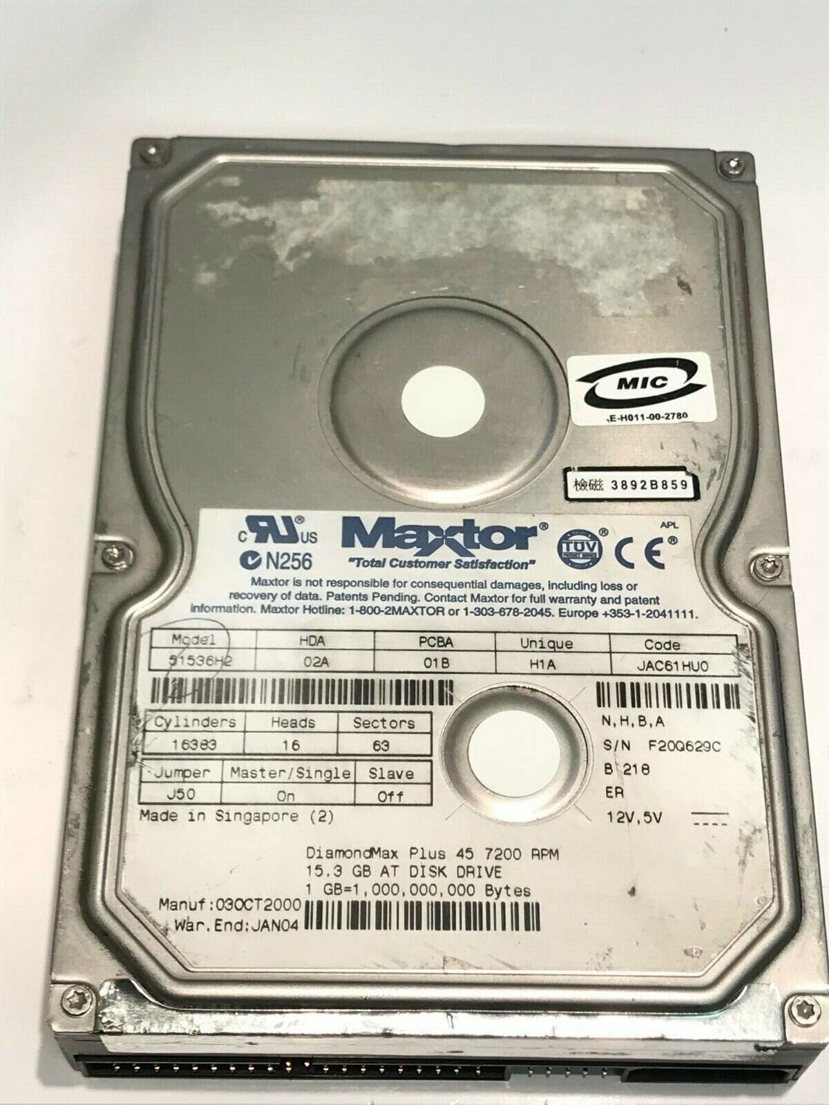 MAXTOR 51536H2 02A 01B H1A JAC61HU0 15.3GB IDE HARD DRIVE aa5ge7