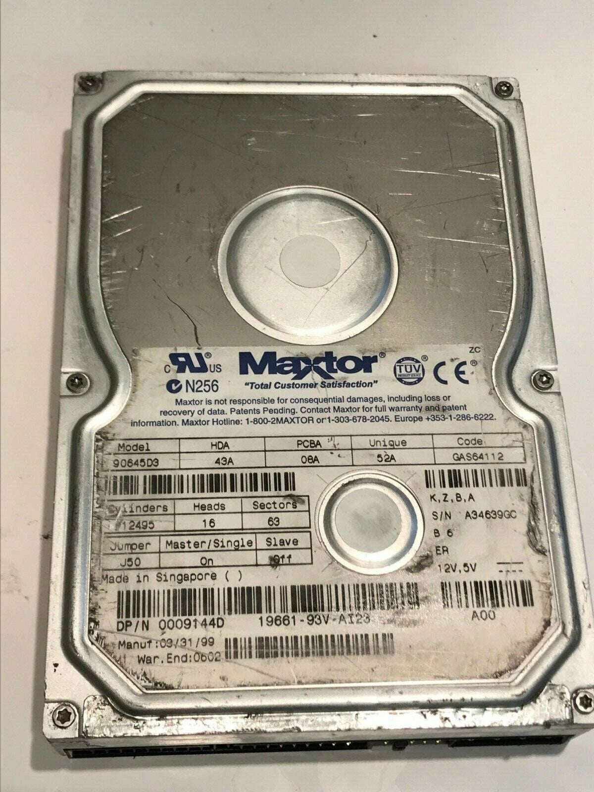 MAXTOR 90645D3 43A 08A 52A 6.4GB IDE HARD DRIVE GAS64112 aa5gc4
