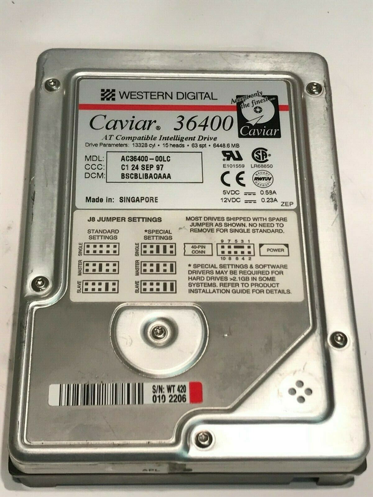 WESTERN DIGITAL CAVIAR 36400 6.4GB IDE HARD DRIVE AC36400-00LC BSCBLIBAOA aa5fb8