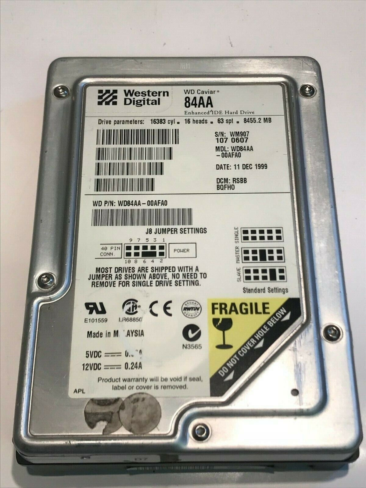WESTERN DIGITAL CAVIAR 84AA 8.4GB IDE HARD DRIVE WD84AA-00AFAO RSBBBQFHO aa5fd7A