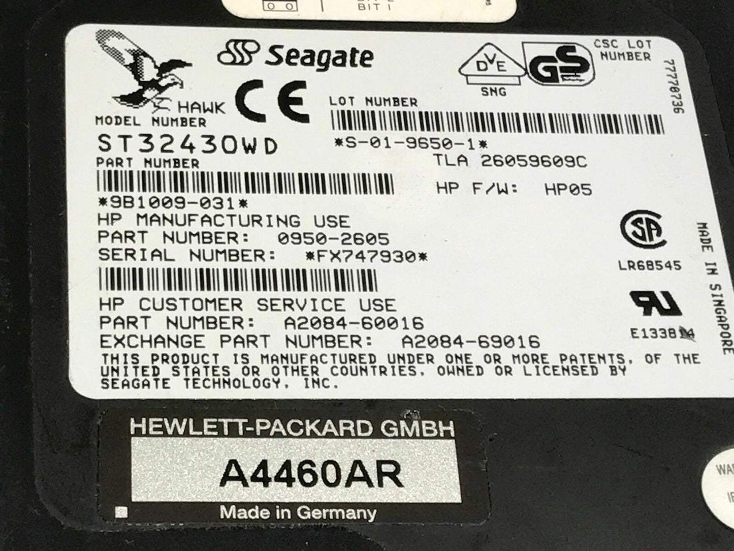 SEAGATE ST32430WD HP 0950-2605 SCSI WIDE 68 Pin 2.1GB HARD DRIVE ac1b25