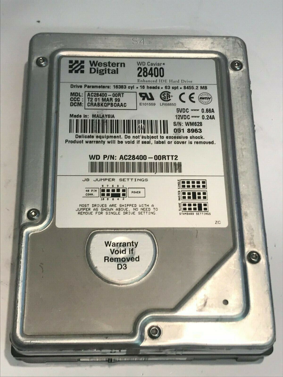 WESTERN DIGITAL CAVIAR 28400 8.4GB IDE HARD DRIVE AC28400-00RT CRABKQPBOA aa5fc6