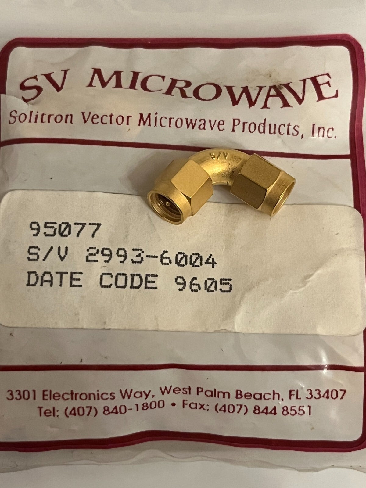 S/V MICRO 26GHz SMA MALE TO SMA MALE RIGHT ANGLE RADIUS SWEPT BEND ADAPTER fd5h1