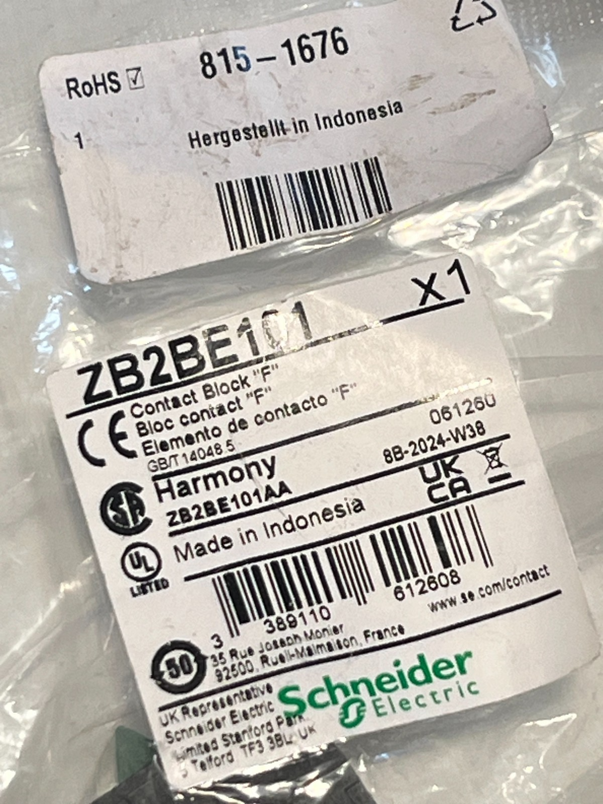 SCHNEIDER ZB2BE101 NORMALLY OPEN CONTACT BLOCK RS 815-1676 ad1m38