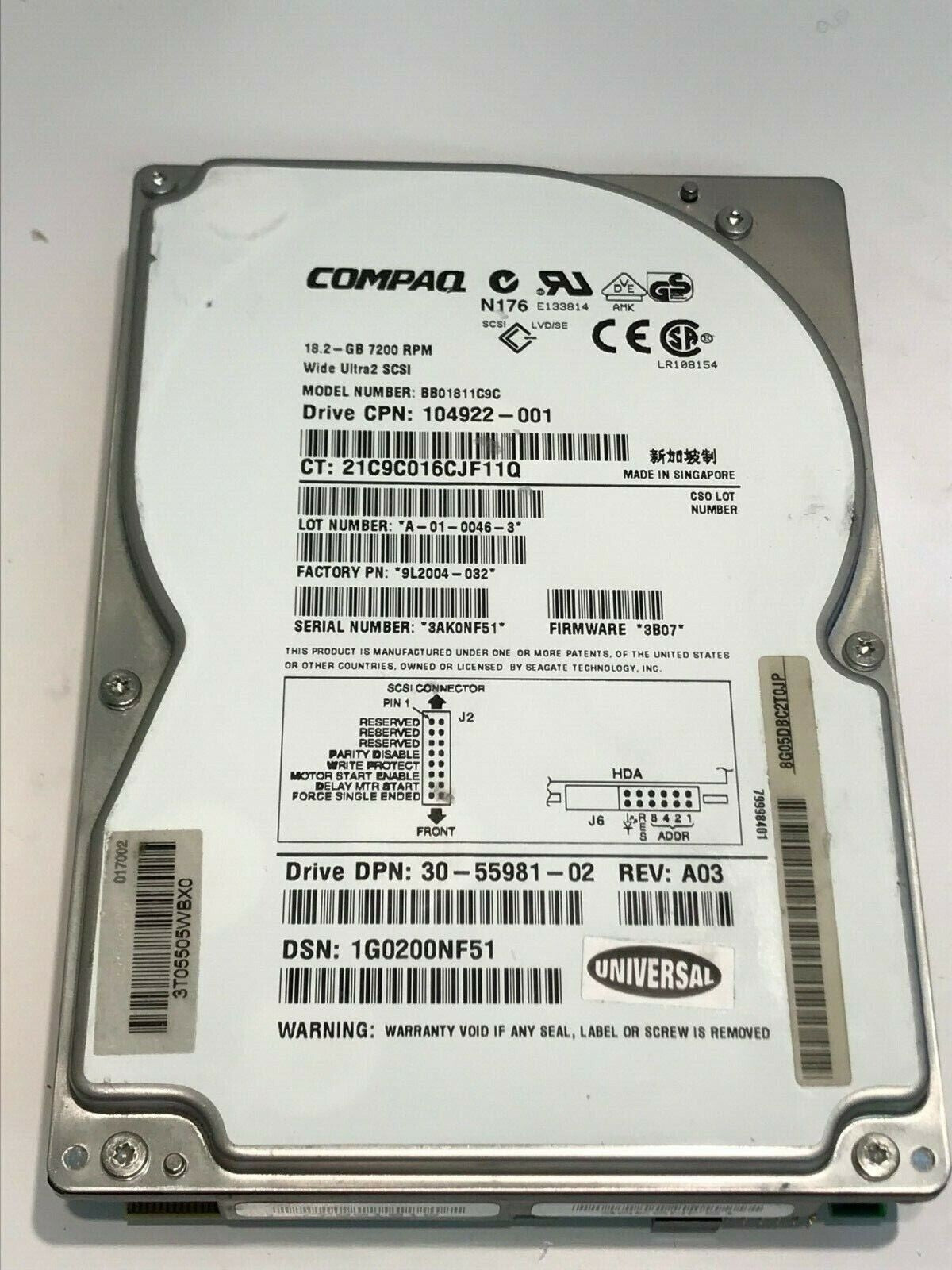 COMPAQ BB01811C9C 18.2GB SCSI 2 HARD DRIVE 104922-001 3B07 9L2004-032 aa5ge1