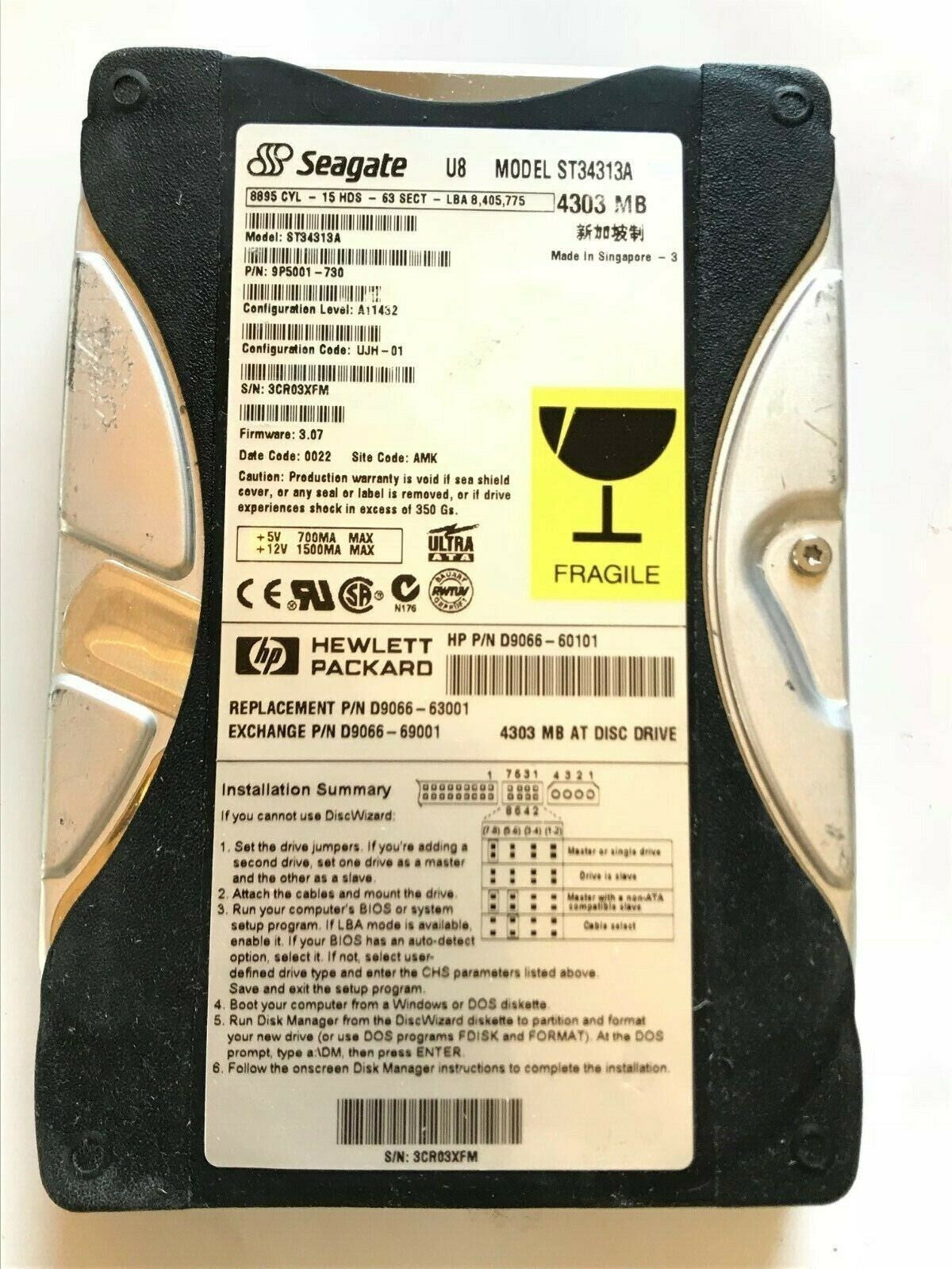SEAGATE U8 ST34313A 9P5001-730 FIRMWARE 3.07 IDE HARD DRIVE 4.3GB aa4ac20