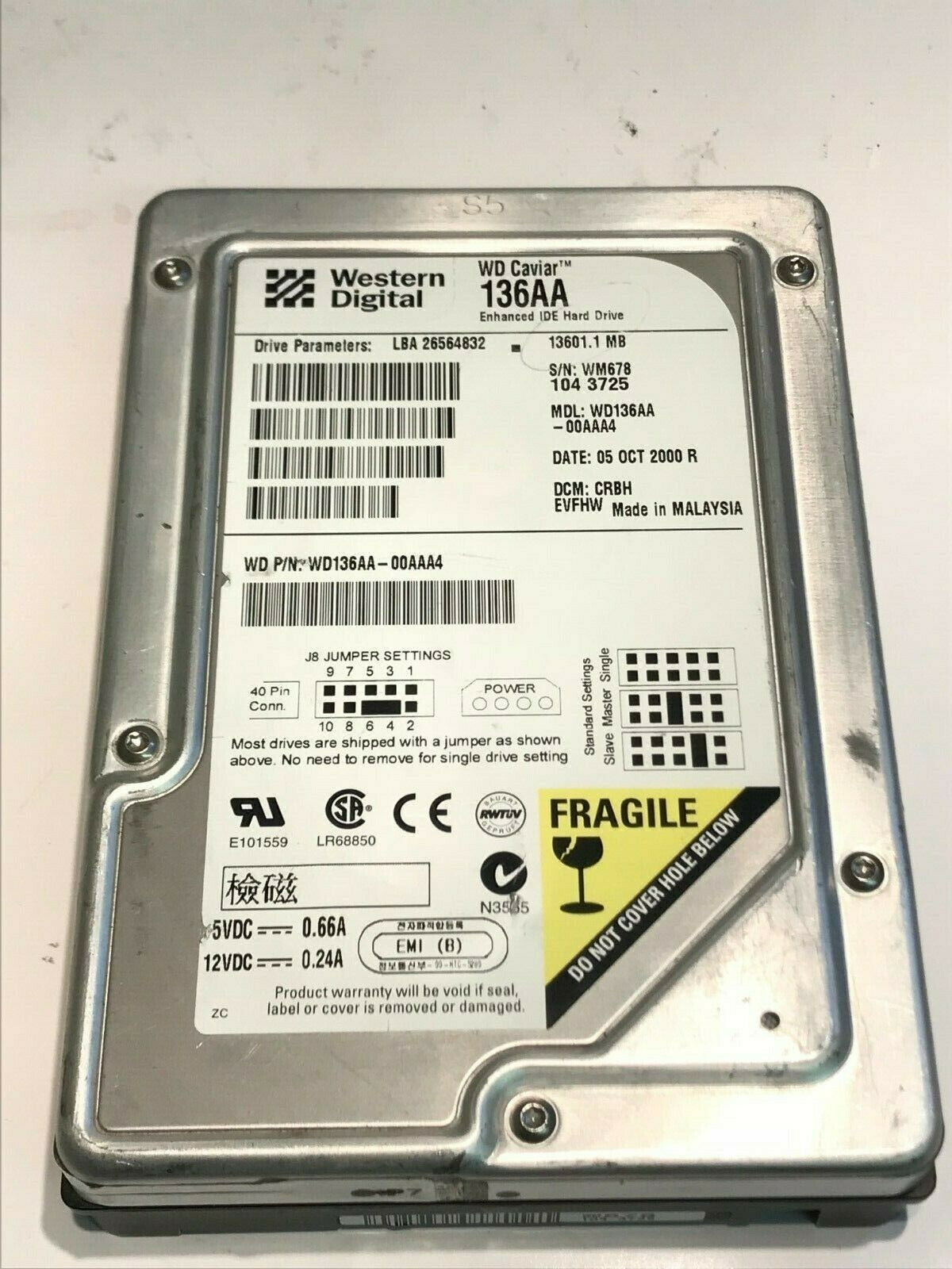 WESTERN DIGITAL CAVIAR 136AA 13.6GB IDE HARD DRIVE WD136AA-00AAA4 CRBHEVF aa5fe7