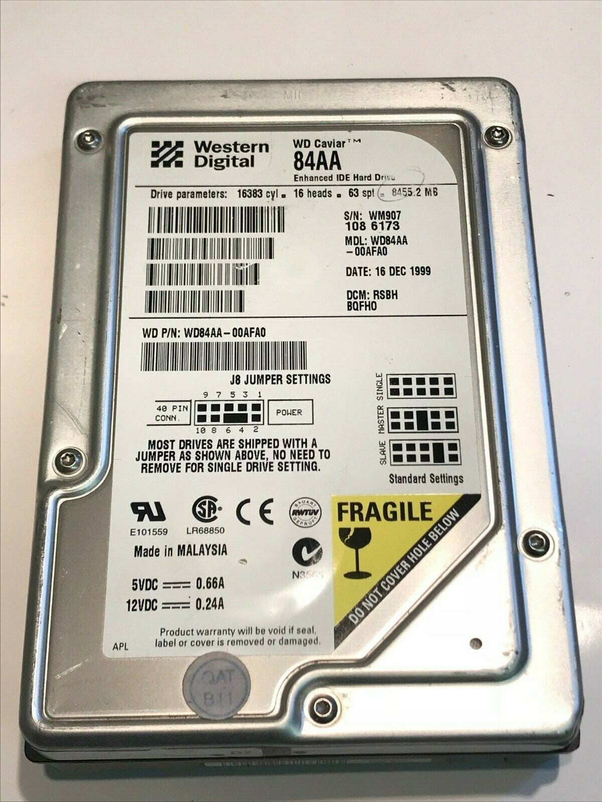 WESTERN DIGITAL CAVIAR 84AA 8.4GB IDE HARD DRIVE WD84AA-00AFAO RSBHBQFHO aa5fd7B