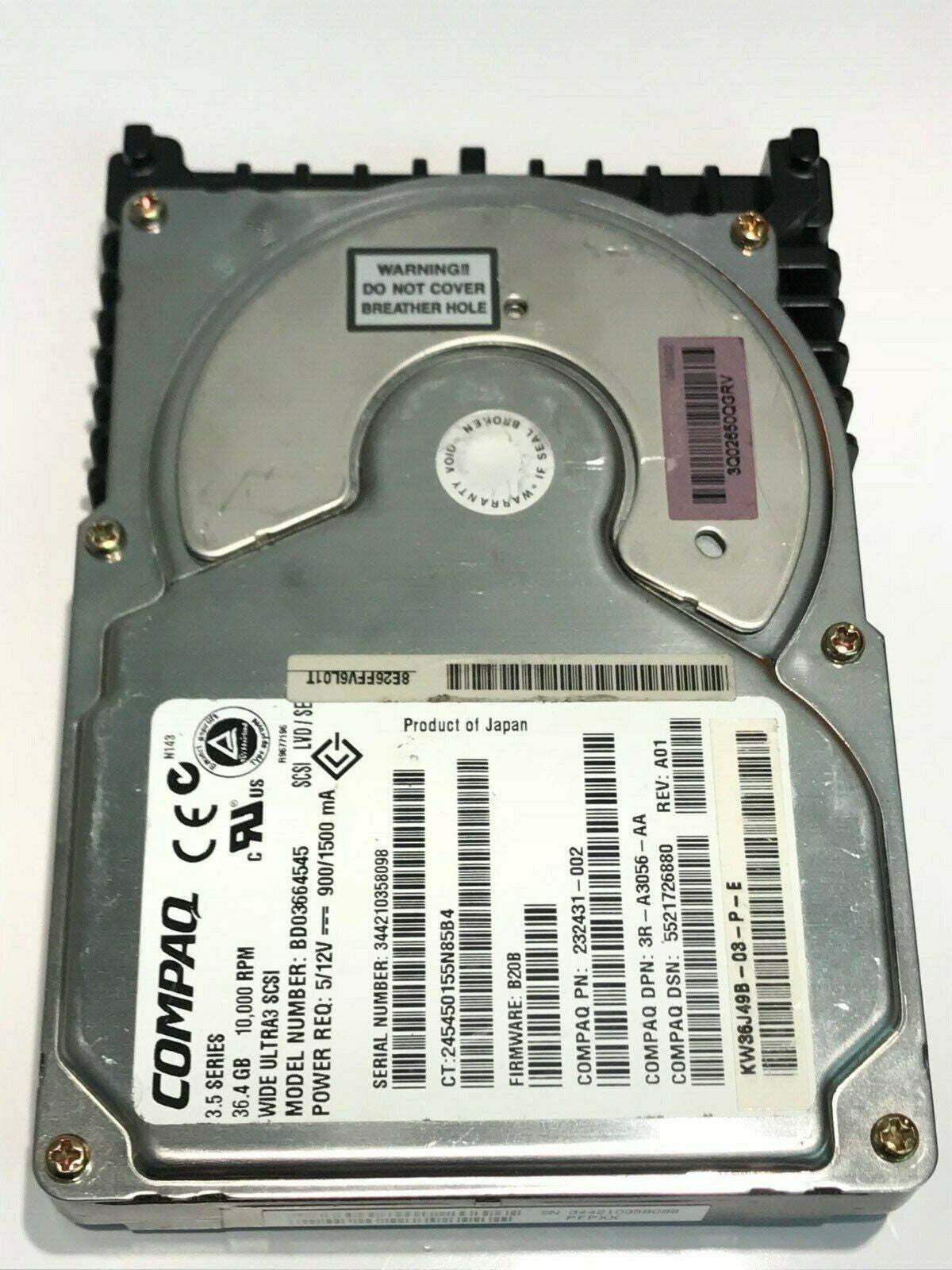 COMPAQ BD03664545 36.4GB SCSI 3 HARD DRIVE 232431-002 B20B aa5ha3