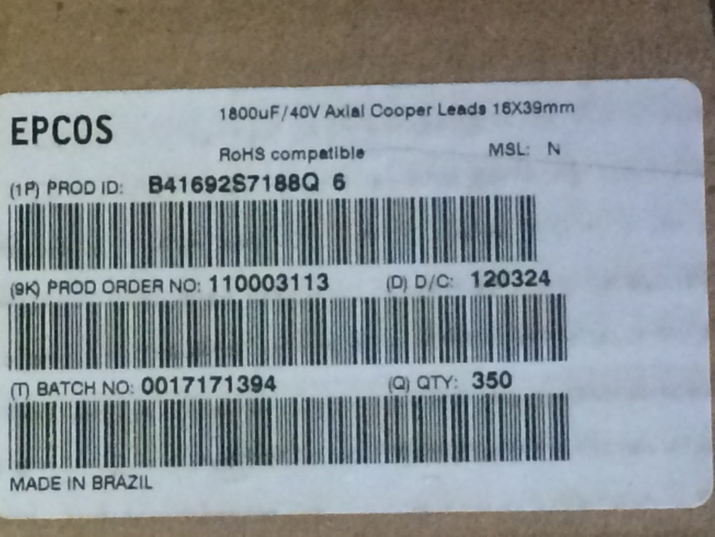 1800uF 40V EPCOS B41692S7188Q-6 AXIAL ELECTROLYTIC CAPACITOR (REEL x350) ae1*5