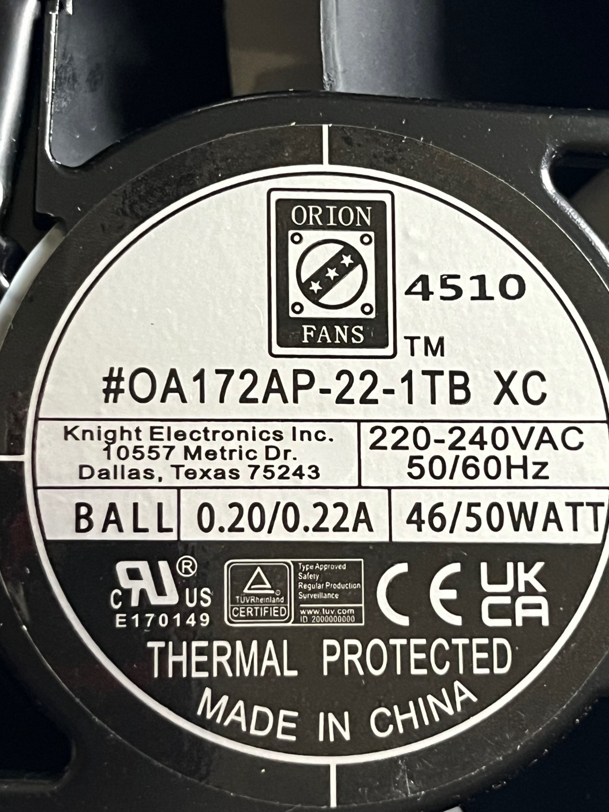 ORION OA172AP-22-1TB 230V AXIAL FAN 172MM x 51mm ROUND BLOWER fd1d29