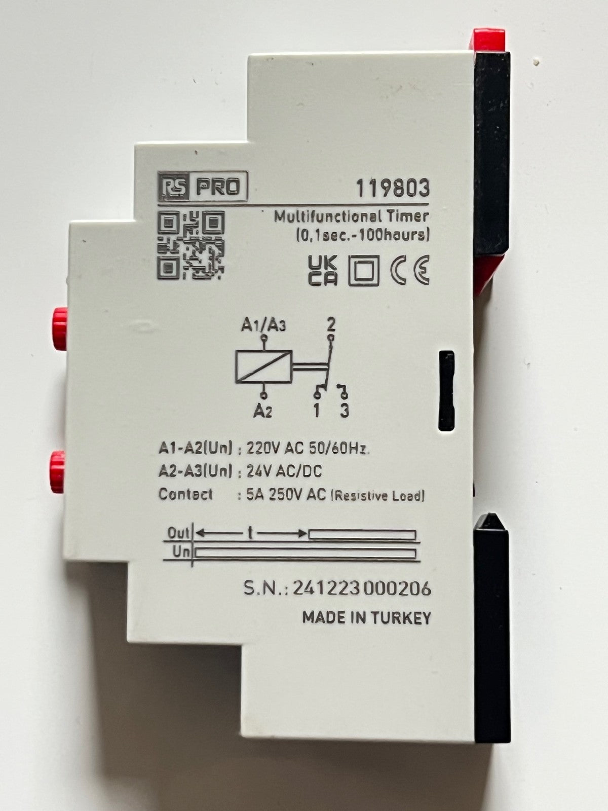 RS 119-803 DIN RAIL TIMER 0.1S - 100H 24V / 230V OPERATION NEW fd1d40