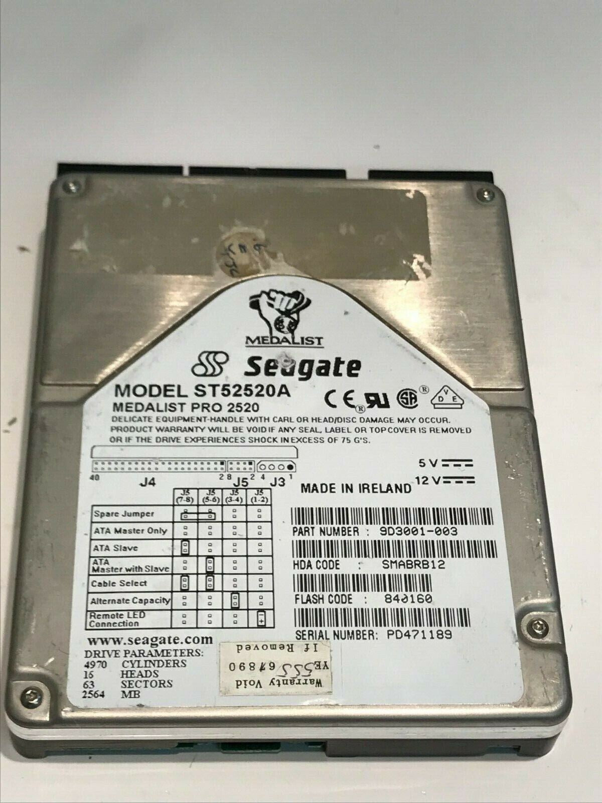 SEAGATE ST52520A 2.5GB IDE HARD DRIVE 9D3001-003 SMABRB12 aa5ge9