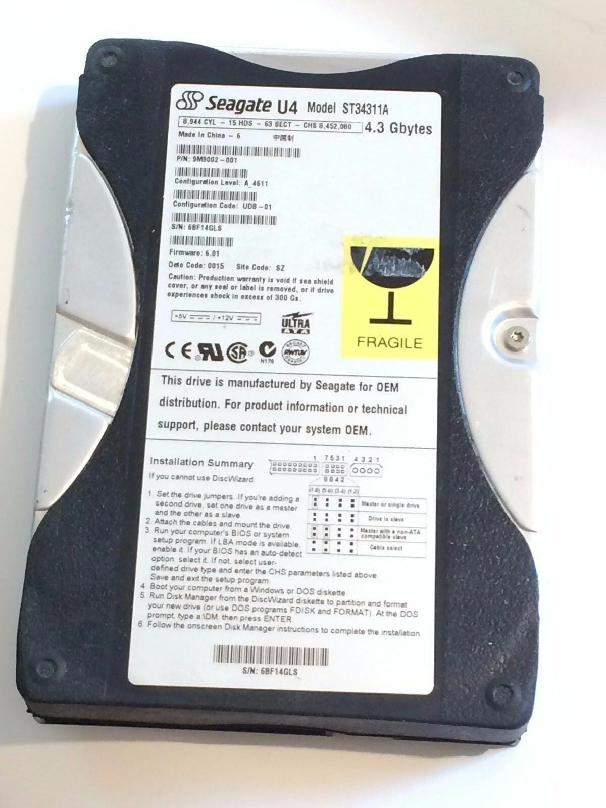 SEAGATE ST34311A 9M9002-001 FIRMWARE 6.01 IDE HARD DRIVE 4.3GB aa4ad2