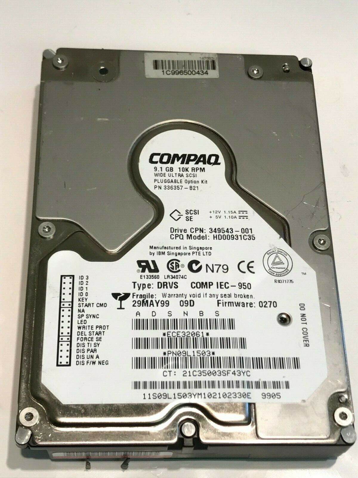 COMPAQ HD00931C35 9.1GB SCSI ULTRA HARD DRIVE PN09L1503 0270 aa5ga9