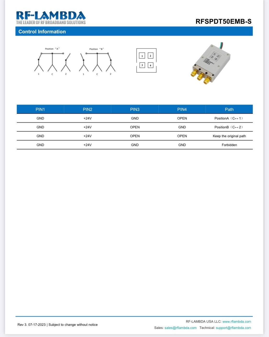 RF-LAMBDA RFSPDT50EMB-S COAXIAL RELAY SWITCH 2.4MM 50GHz 24Vdc SPDT AE1W7