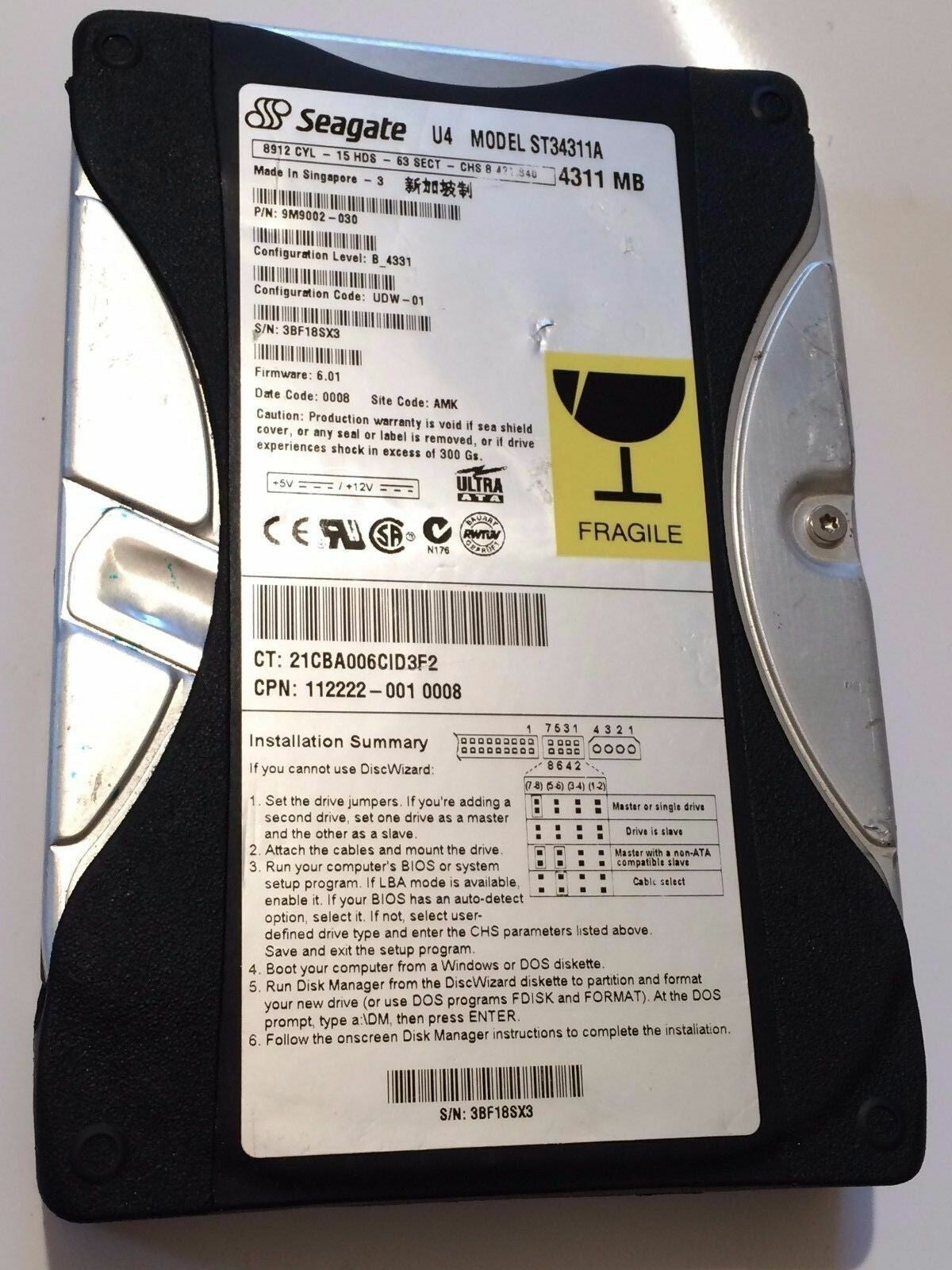 SEAGATE ST34311A 9M9002-030 FIRMWARE 6.01 IDE HARD DRIVE 4.3GB aa4ad5