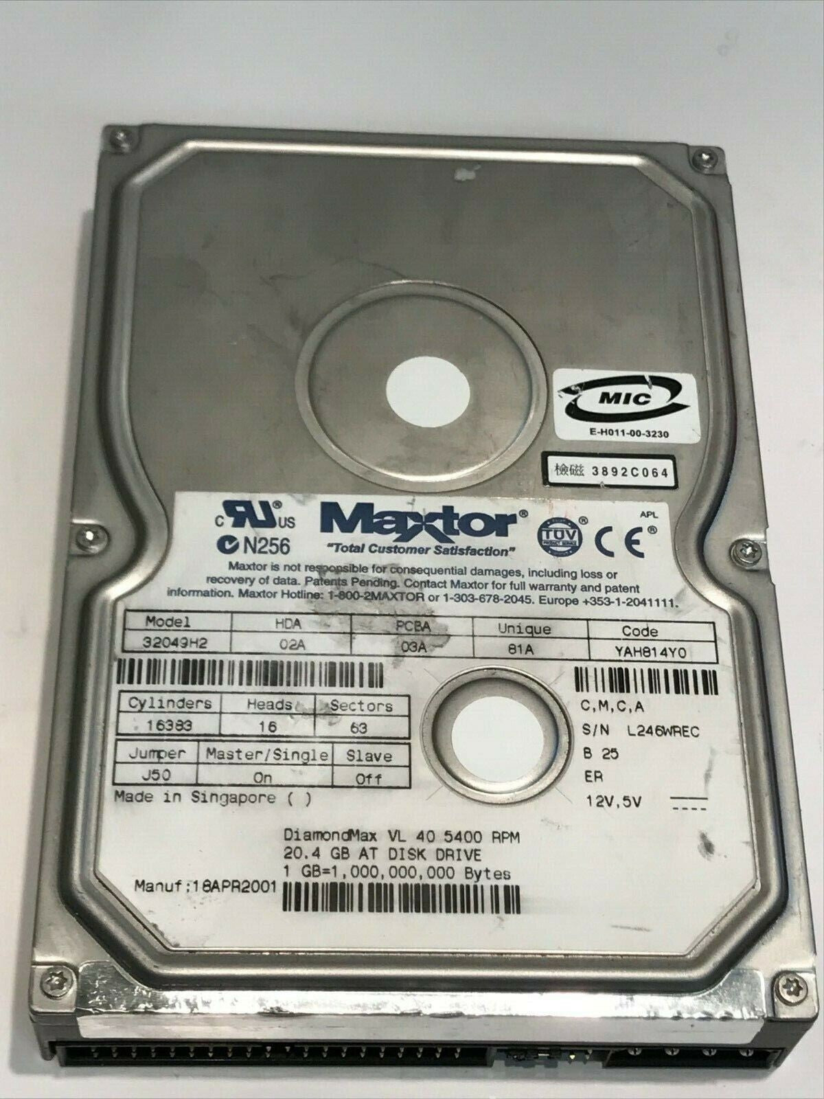MAXTOR 32049H2 02A 03A 81A YAH814Y0 20.4GB IDE HARD DRIVE aa5ge2