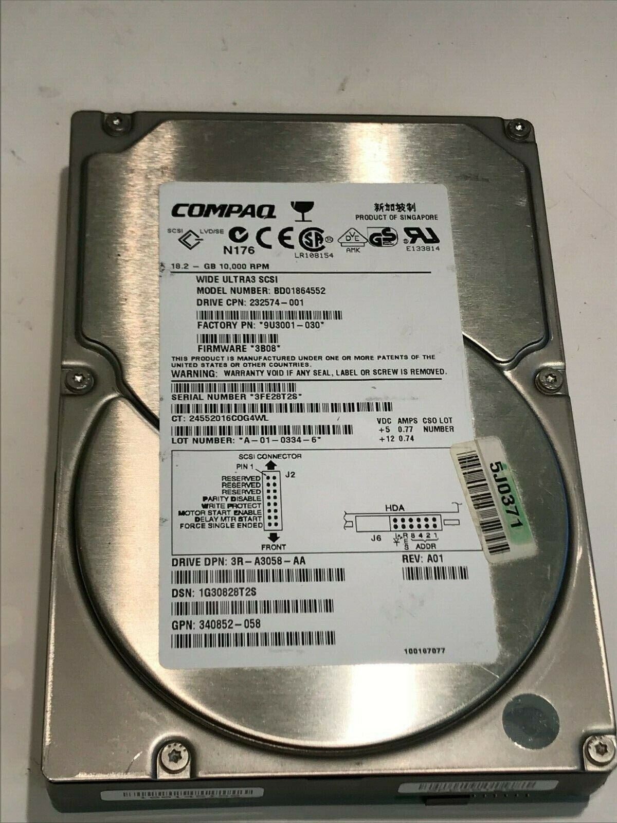 COMPAQ BD01864552 18.2GB SCSI 3 HARD DRIVE 232574-001 3B08 9U3001-030 aa5gc1