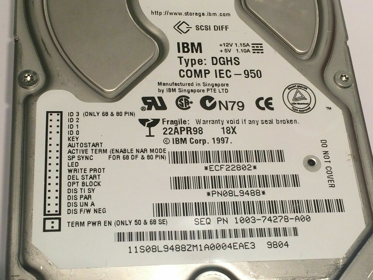 IBM PN08L9488 TYPE DGHS HARD DRIVE 18.2GB 68 PIN SCSI 08L9488 aa4cd8